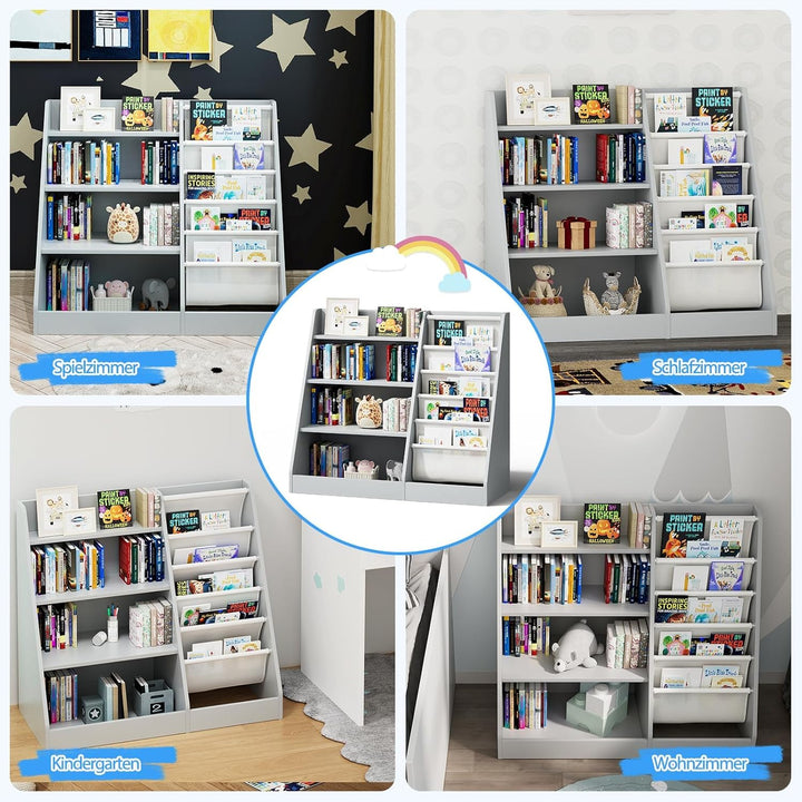 NACHES Kinderregal Bücherregal für Kinder, 90x40x80cm, mit 5 Ablage und 4 offenen Fächern, aus Holz,
