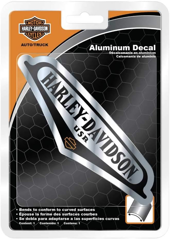 Harley-Davidson V-Tank-Aufkleber aus Aluminium – Silber & Schwarz – 12,7 x 17,8 cm.