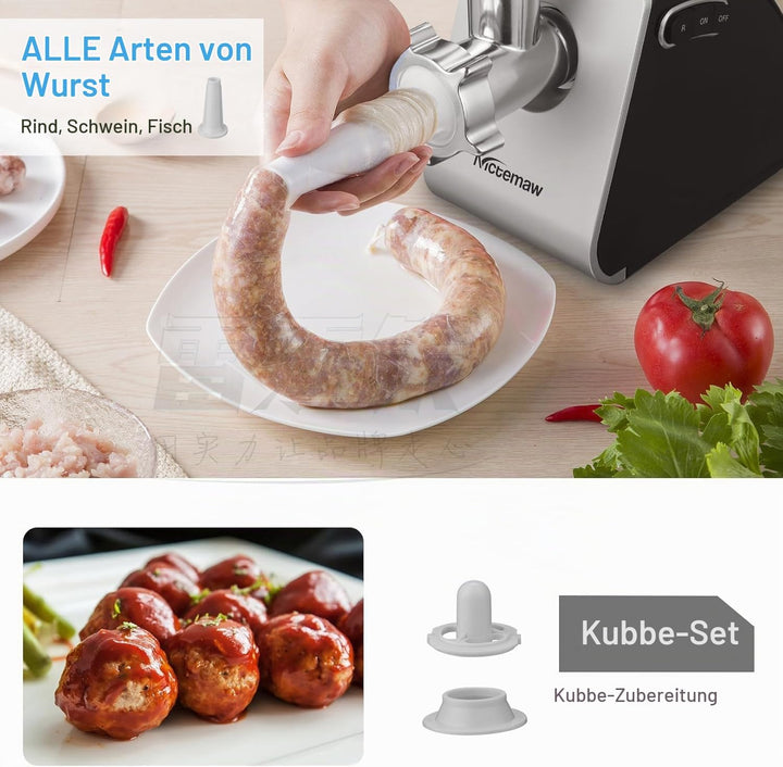 COOCHEER 2000W Elektrischer Fleischwolf, 3-in-1 Edelstahl Fleischmaschine mit 3 Lochscheiben, Wurstf