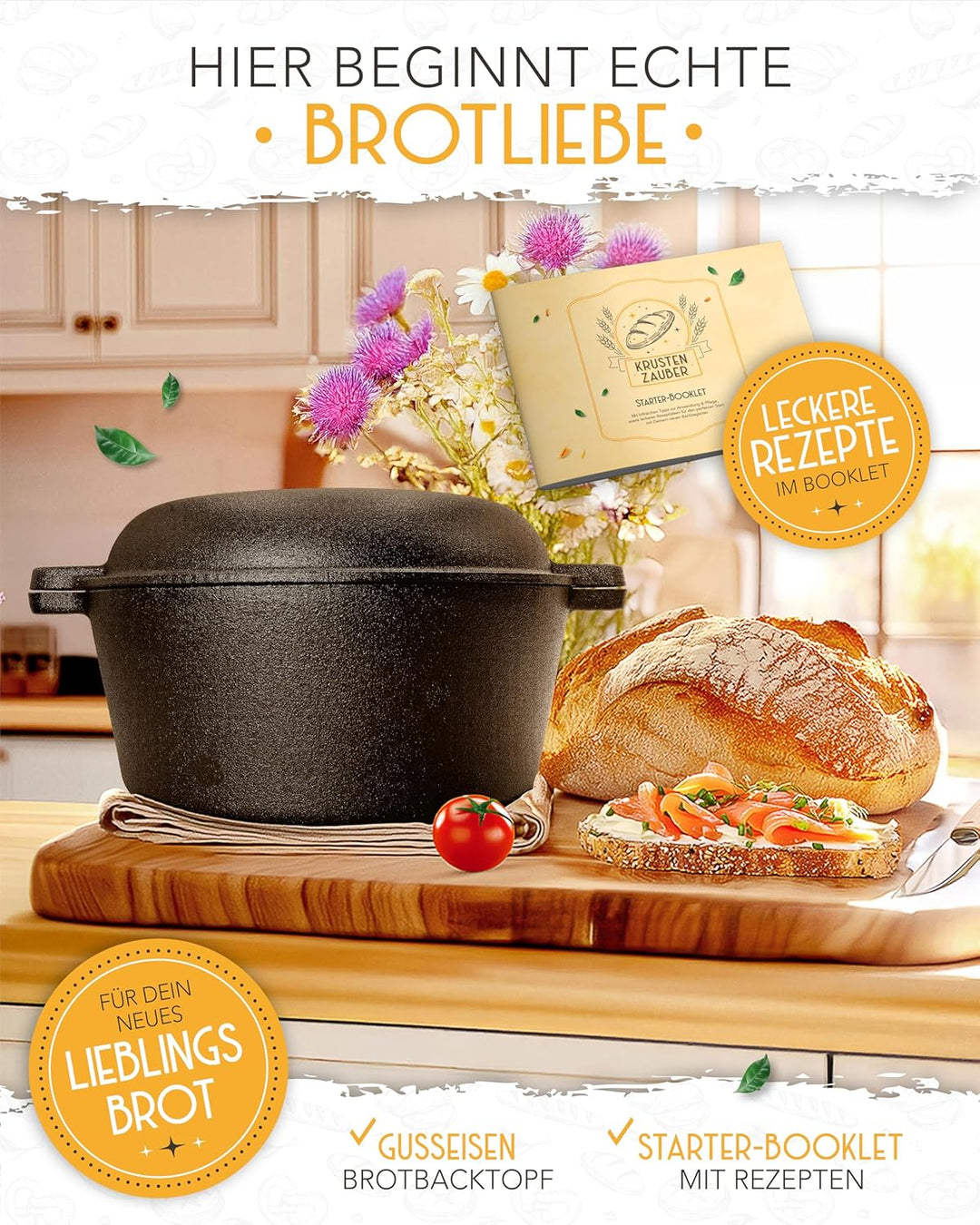 KRUSTENZAUBER 26cm Gusseisen Topf Brot backen - Brotbackform mit Deckel für selbstgemachtes Brot - I
