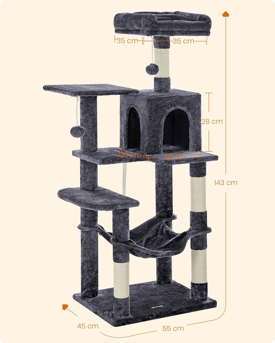 Feandrea Kratzbaum, 143 cm hoch, Katzenbaum, mehrstöckige Katzenhaus, mit 4 Kratzsäulen, 2 Plattform