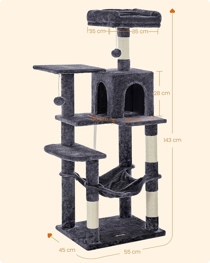Feandrea Kratzbaum, 143 cm hoch, Katzenbaum, mehrstöckige Katzenhaus, mit 4 Kratzsäulen, 2 Plattform