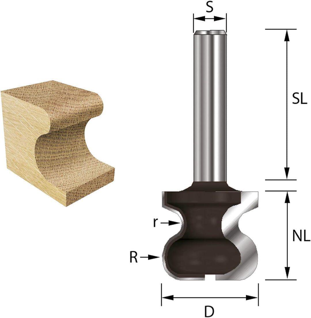 ENT 17100 Griffleistenfräser HW, Schaft (S) 8 mm, Durchmesser (D) 19 mm, NL 17,5 mm, R 4,75 mm, r 2,