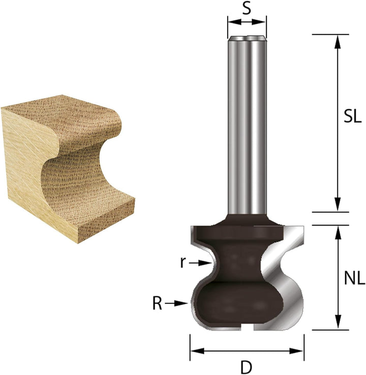 ENT 17100 Griffleistenfräser HW, Schaft (S) 8 mm, Durchmesser (D) 19 mm, NL 17,5 mm, R 4,75 mm, r 2,