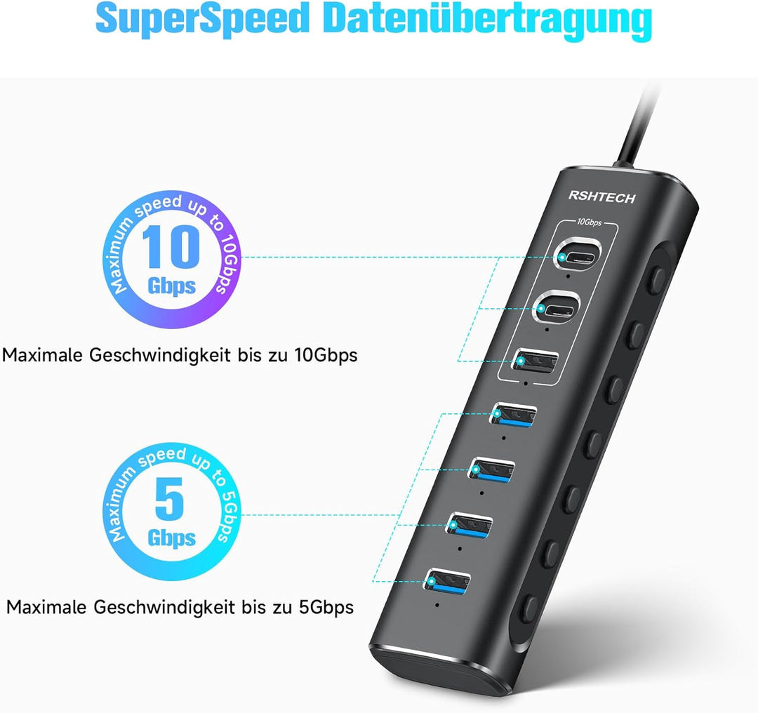 USB C Hub Aktiv mit Netzteil, RSHTECH 7-Port USB C 3.2 Hub Aktiv mit 3*10Gbps USB 3.2-Port (2*Typ-C,