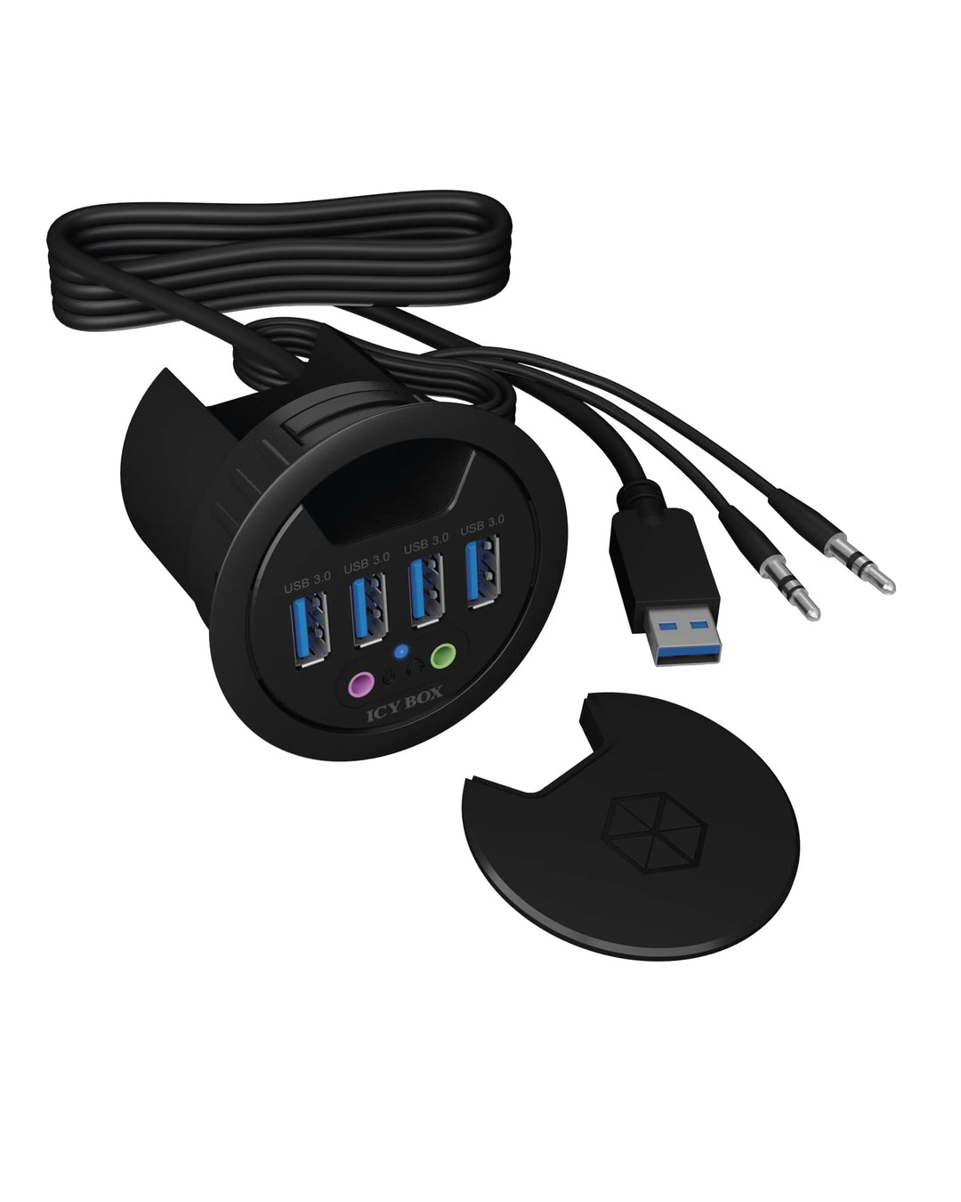 ICY BOX IB-Hub1403A USB-Tisch-Hub (60 mm) zum Einbau, 4x USB 3.0 Anschlüsse, Audio Ein-/Ausgang, Kab