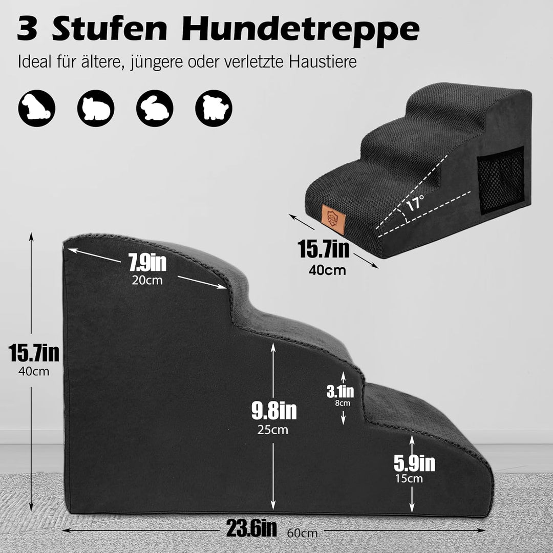 MASTERTOP Hundetreppe 3 Stufen, Hochdichter Schwamm Haustiertreppe Hundetreppe für kleine Hunde, rut