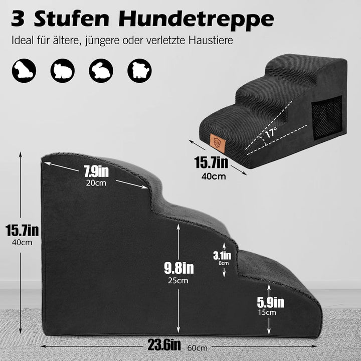 MASTERTOP Hundetreppe 3 Stufen, Hochdichter Schwamm Haustiertreppe Hundetreppe für kleine Hunde, rut