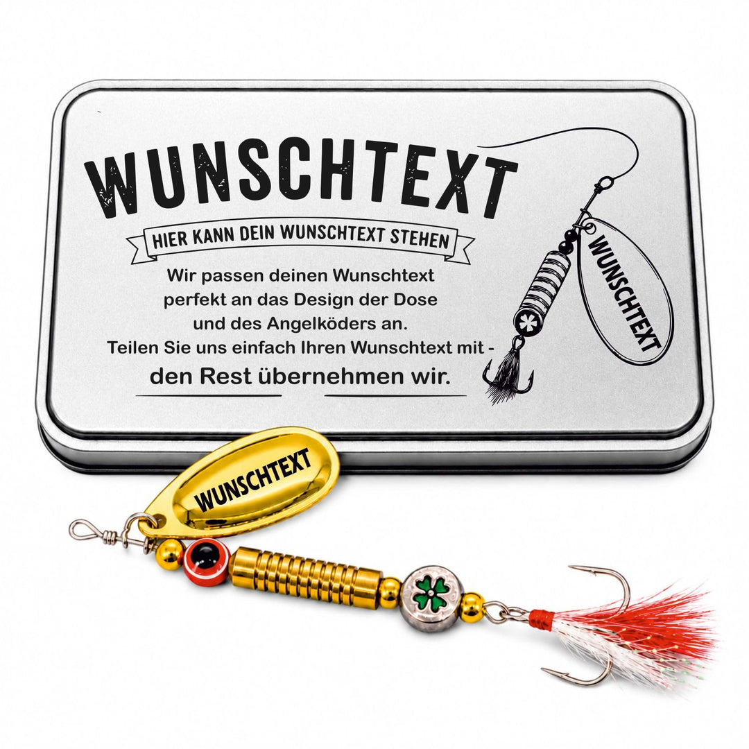 Anglergeschenk mit Gravur - Männer - Frauen - Angelköder - Angelhaken - Spinner - Glücksfisch (Wunsc