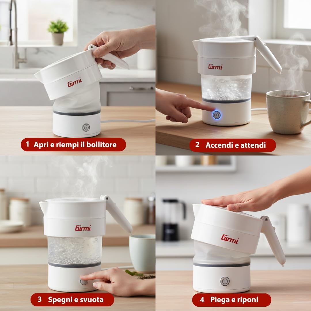 Girmi BL03 Faltbarer Wasserkocher aus Silikon, 0,6 Liter, 600 Watt, abnehmbares Kabel