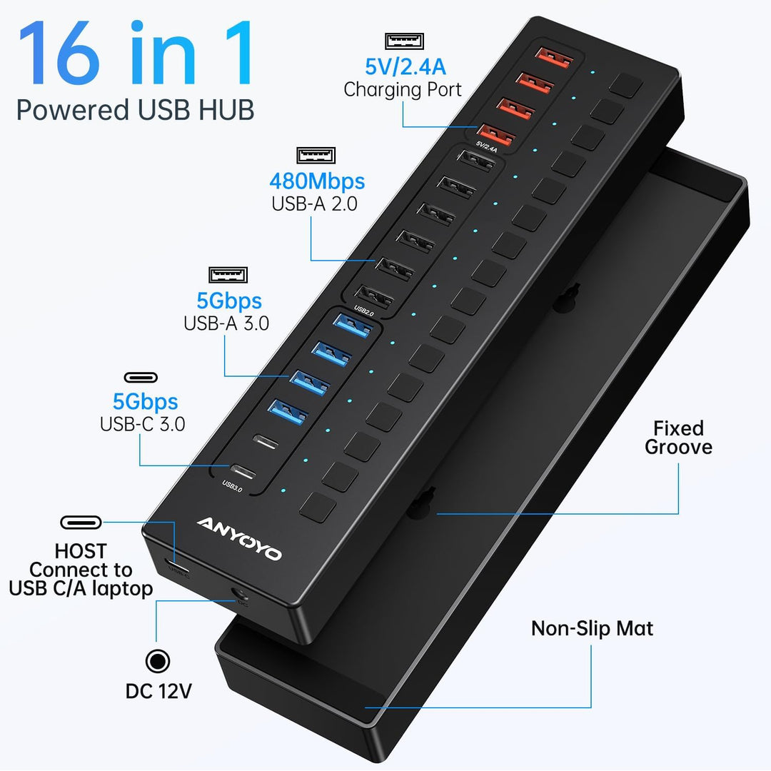 USB C Hub Aktiv, ANYOYO 16 In 1 USB 3.0 Hub mit Netzteil(60W) Powered USB Hub mit 4 Ladeanschluss，US