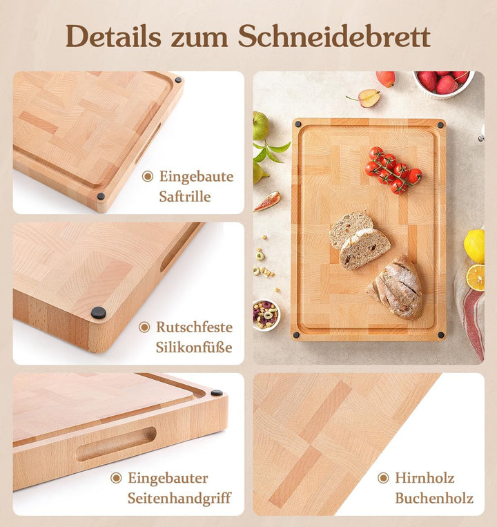 HEZHEN Gross Buchenholz Hackbretter, Hirnholzmaserung Doppelseitiges Schneidebrett, Eingebaute Saftr