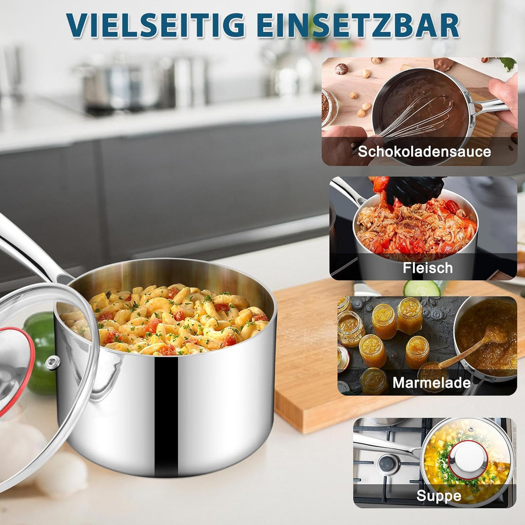 Joyfair Stielkasserolle, 18cm Premium 3-Lagiger Edelstahl Milchtopf Induktion mit Deckel, 2,5 Liter