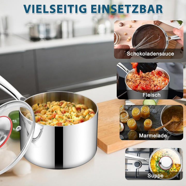 Joyfair Stielkasserolle, 18cm Premium 3-Lagiger Edelstahl Milchtopf Induktion mit Deckel, 2,5 Liter