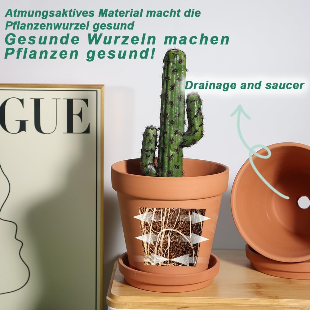 vensovo 20 cm Tontopf für Pflanzen mit Untersetzer, 2 Stück, grosser Terrakotta-Blumentopf mit Ablau