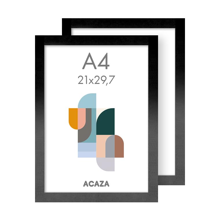 ACAZA A4 Bilderrahmen 21x29,7 cm 2-er Set Schwarz, MDF Holz mit bruchsicherem Acrylglas, für Photos,