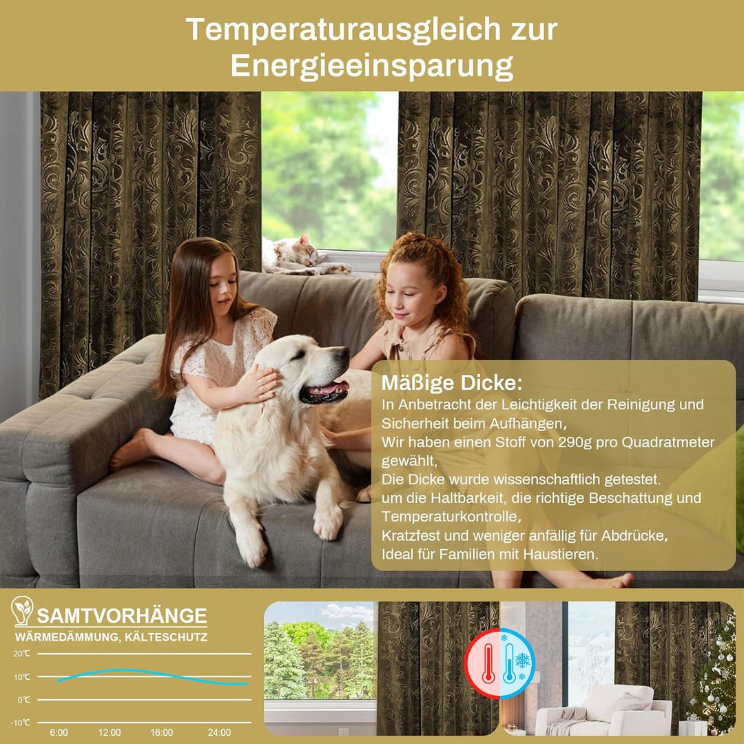 Rosnek Samt Vorhang Blickdicht Kräuselband,2 Stück Luxus Vorhänge Schlafzimmer Thermovorhang mit Mul