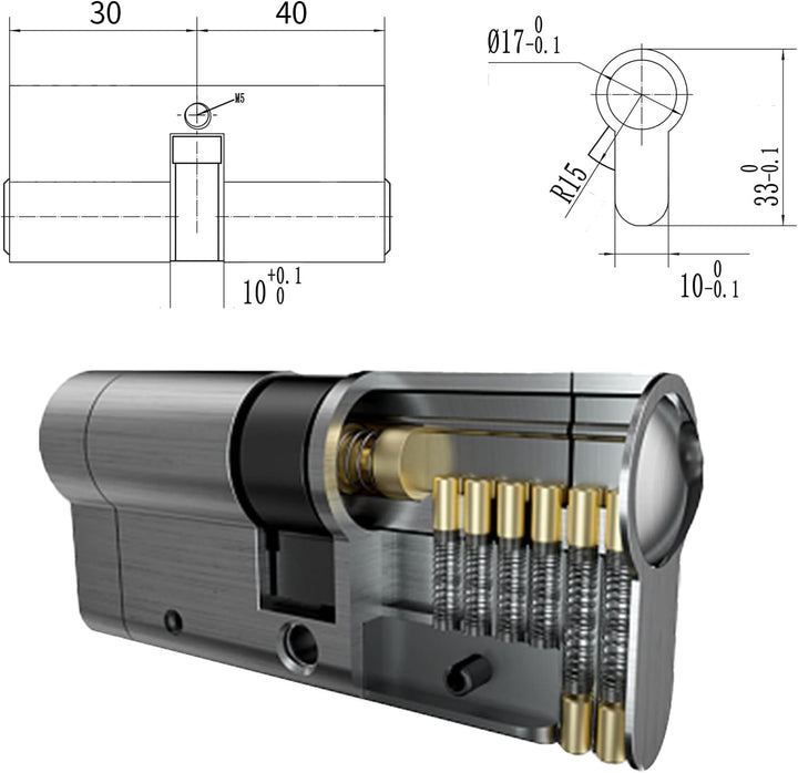 Schliesszylinder Grösse 30 40 mm Anti-Break Doppelöffner Einsteck Zylinderschloss,5 Hauptschlüssel u