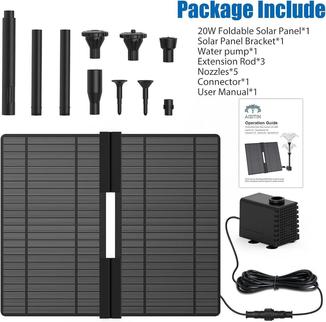 AISITIN 20W DIY Solar Springbrunnen 2022 Neuestes Upgrade Falten Solar Teichpumpe mit verstellbarem