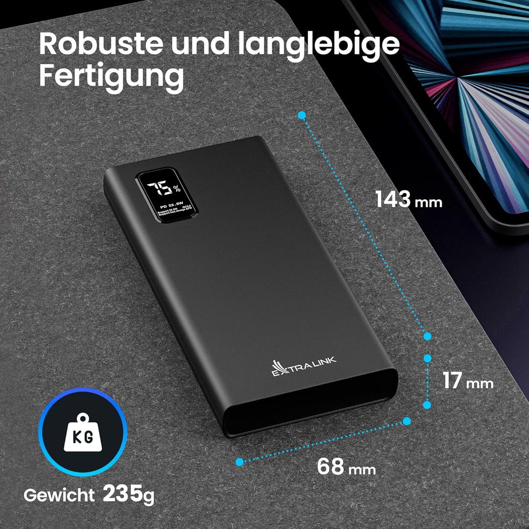 Powerbank 10000mAh Powerbank Schnellladefunktion bis zu 22,5W Power Bank USB C Robustes Gehäuse Lith