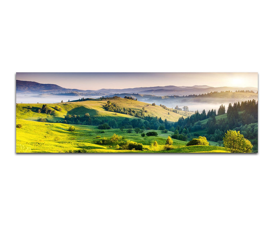Paul Sinus Art Panoramabild auf Leinwand und Keilrahmen 150x50cm Ukraine Wiesen Hügel Wald Morgenlic