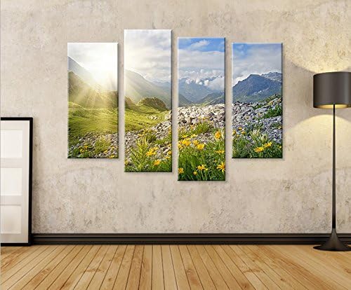 islandburner Bild Bilder auf Leinwand Bergwiese V2 Alpen Landschaft Berge Sonne 4er XXL Poster Leinw