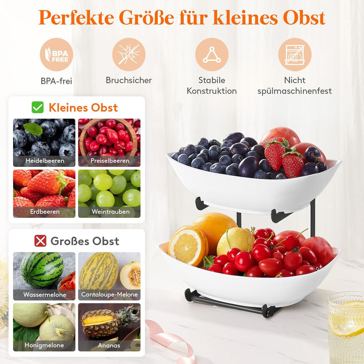 Lifewit Obst Etagere mit 2 Etagen, Obstschalen aus Kunstsoff mit Schwarzem Metallregal, Obstkorb Eta