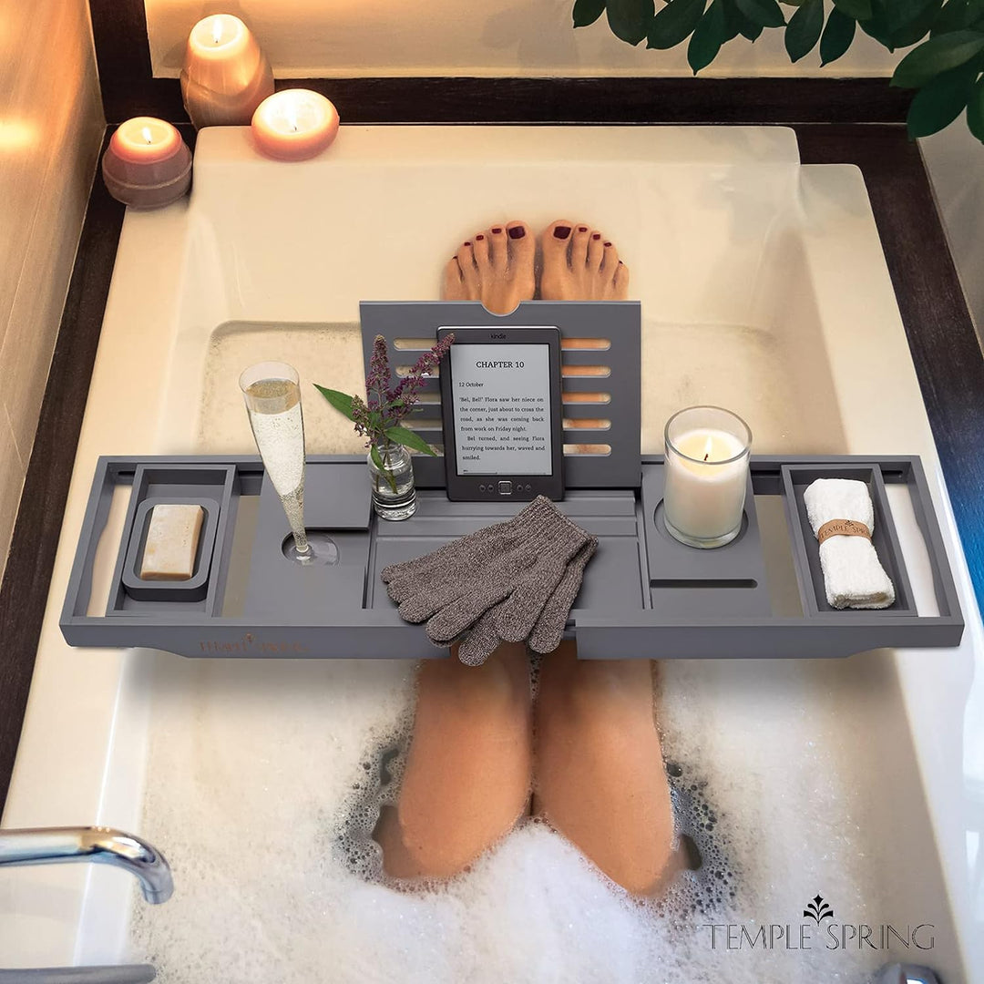 TEMPLE SPRING - Badewannenablage Bambus mit Kerzen-, Weinglas-, Buch-, Tablet-, iPad- und Telefonhal