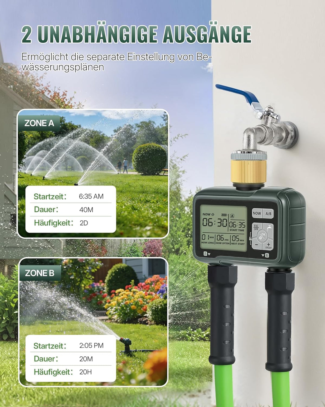 2-Zonen Bewässerungscomputer, Gartenschlauch Zeitschaltuhr Gartenbewässerung, programmierbare Bewäss