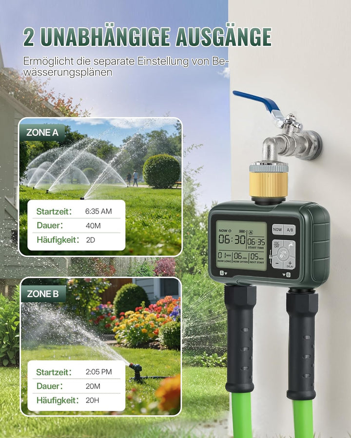 2-Zonen Bewässerungscomputer, Gartenschlauch Zeitschaltuhr Gartenbewässerung, programmierbare Bewäss