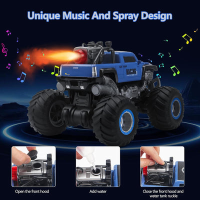 MYDOVA Ferngesteuertes Auto, 1:16 Monster Truck, RC Auto Offroad mit Sprühnebel-Musik-Leuchten, 20KM