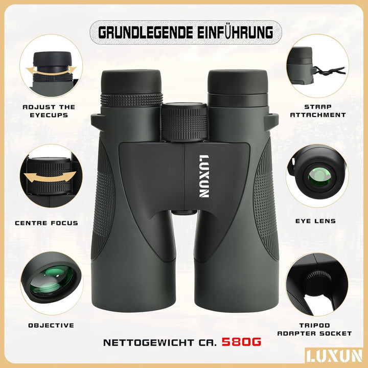 LUXUN 12x50 HD Fernglas für Erwachsene, Fernglas mit Smartphone Adapter Tragetasche, 20mm grosses Ok