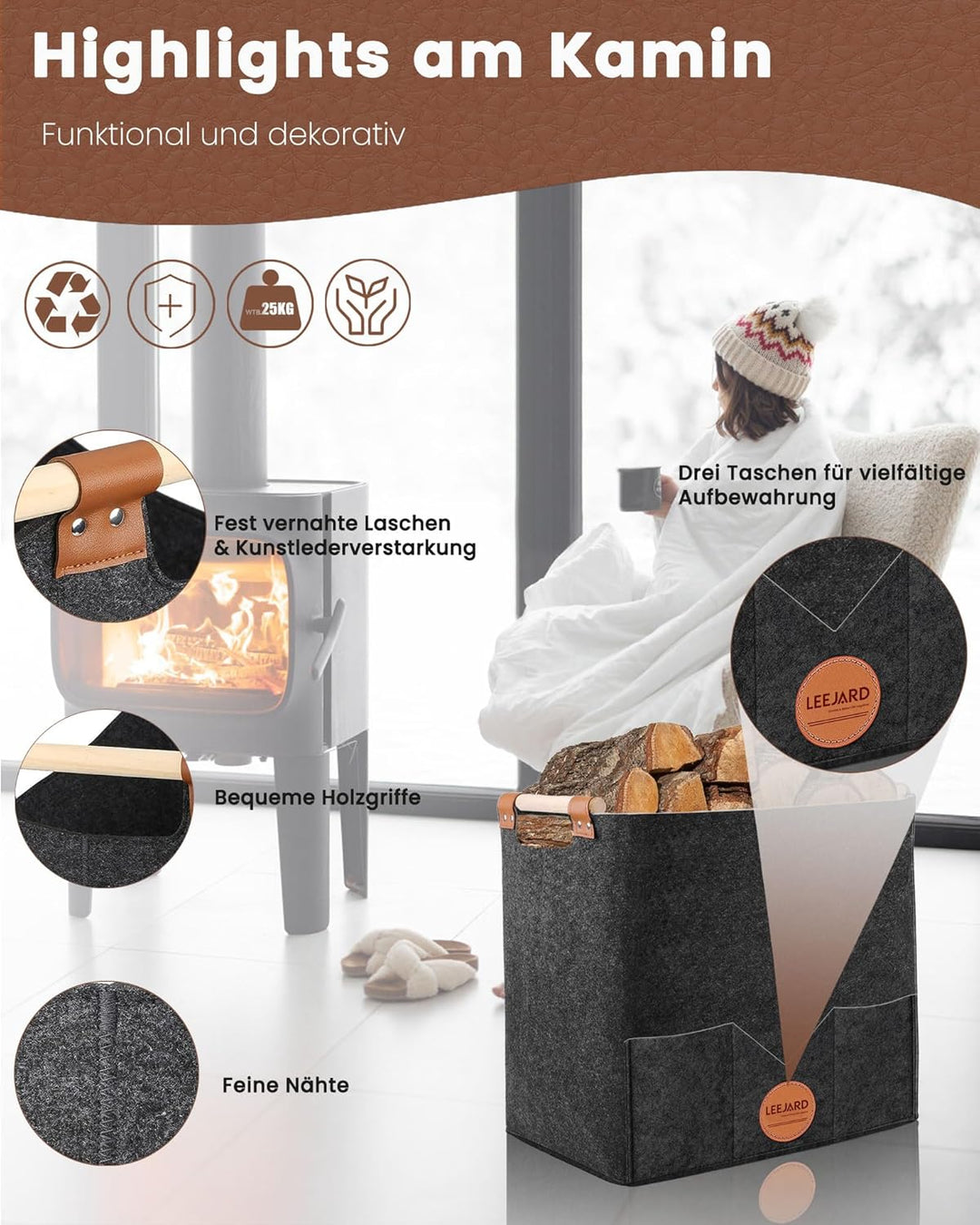 2 Holzkörbe für Kaminholz, grosser Holzkorb aus Filz, auch als Aufbewahrungstasche oder Einkaufskorb