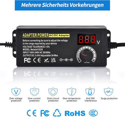 Einstellbares Netzteil 3V-24V Universal Netzteiladapter 3A 72W Verstellbarer Netzadapter AC/DC 100V-