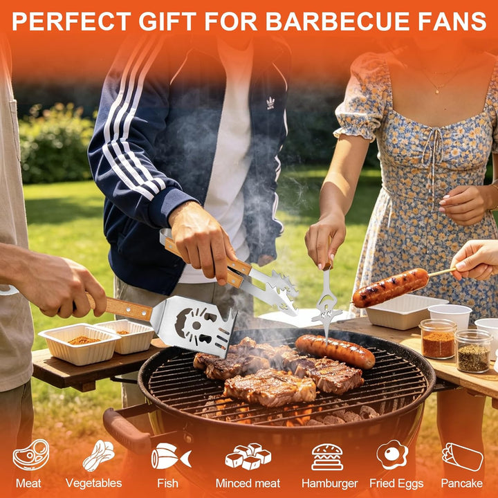 Grillbesteck Set 3-TLG,Grill Zubehör Set mit Extra-Langen Holzgriff und Tragetasche,Edelstahl,Antiro