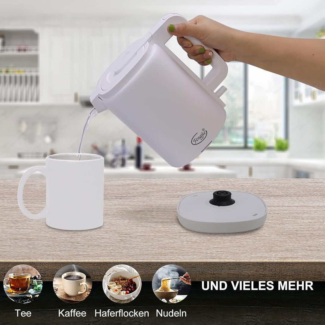 Fengjie 0,8l Edelstahl Wasserkocher Camping Reisewasserkocher 1360W Kabellos Doppelwand-Design Teeke