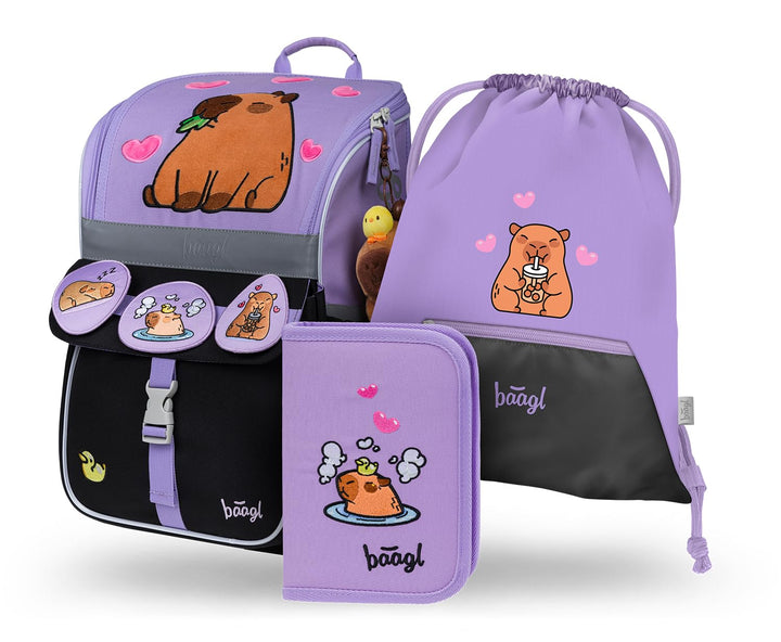 Baagl Schulranzen Mädchen Set 3 Teilig Capybara (Zippy Schultasche für 1. Klasse, Mäppchen, Turnbeut