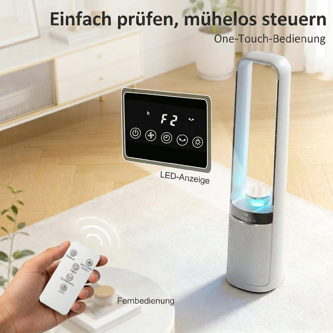 HOMCOM Turmventilator ohne Rotorblätter, Leise Standventilator mit 45°-Oszillation, LED-Leuchte, 3 G