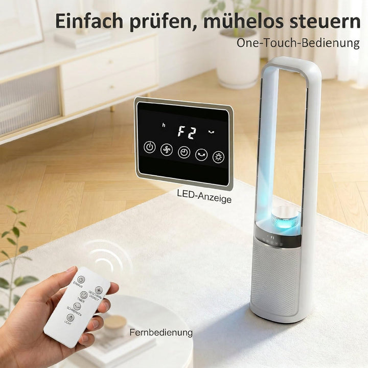 HOMCOM Turmventilator ohne Rotorblätter, Leise Standventilator mit 45°-Oszillation, LED-Leuchte, 3 G