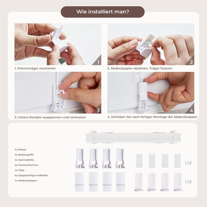 Allesin Wabenplissee ohne Bohren Verdunklung Thermo Doppelplissee Klemmfix Zweifarbig Weiss-weiss 90