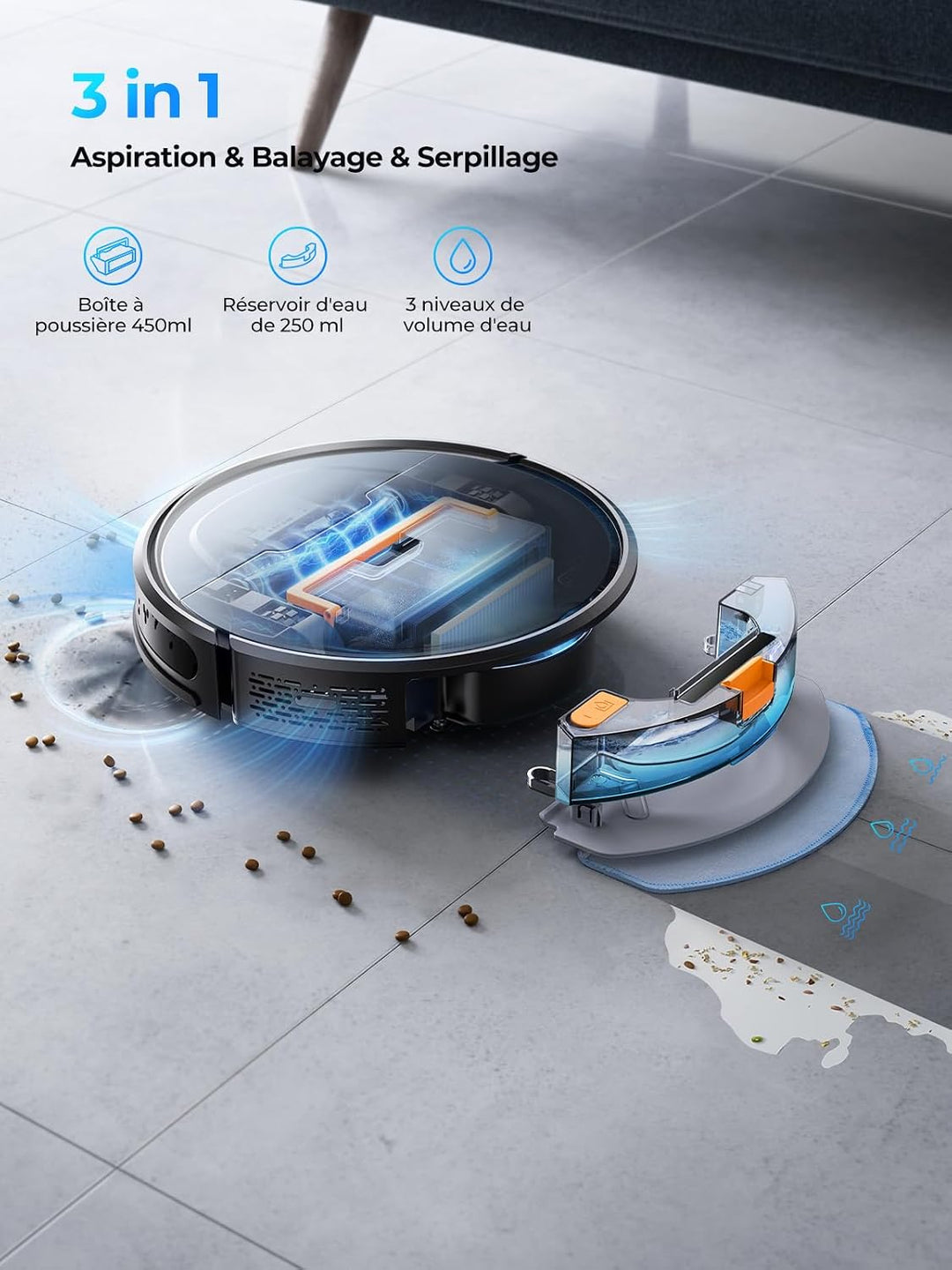 Laresar Clean Evol 3 Staubsaugerroboter, 3-in-1, Staubsaugerroboter, 10.000 Pa Saugkraft, 180 Minute