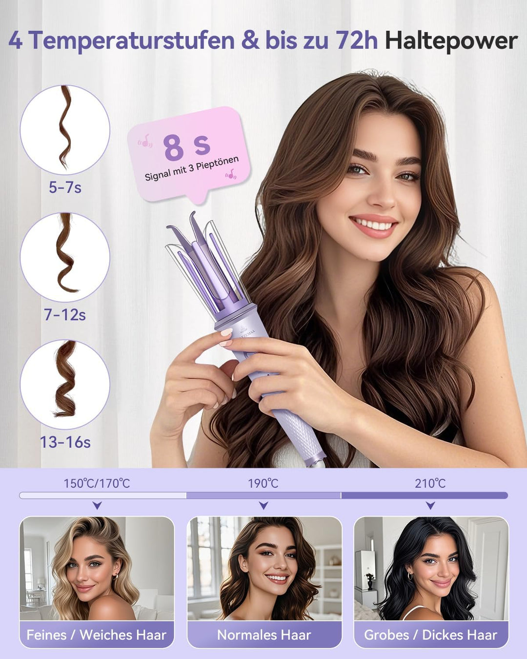 Lockenstab Automatisch 25mm, Lockenstab Grosse Locken und Beach Waves mit 4 Temperaturstufen, Negati