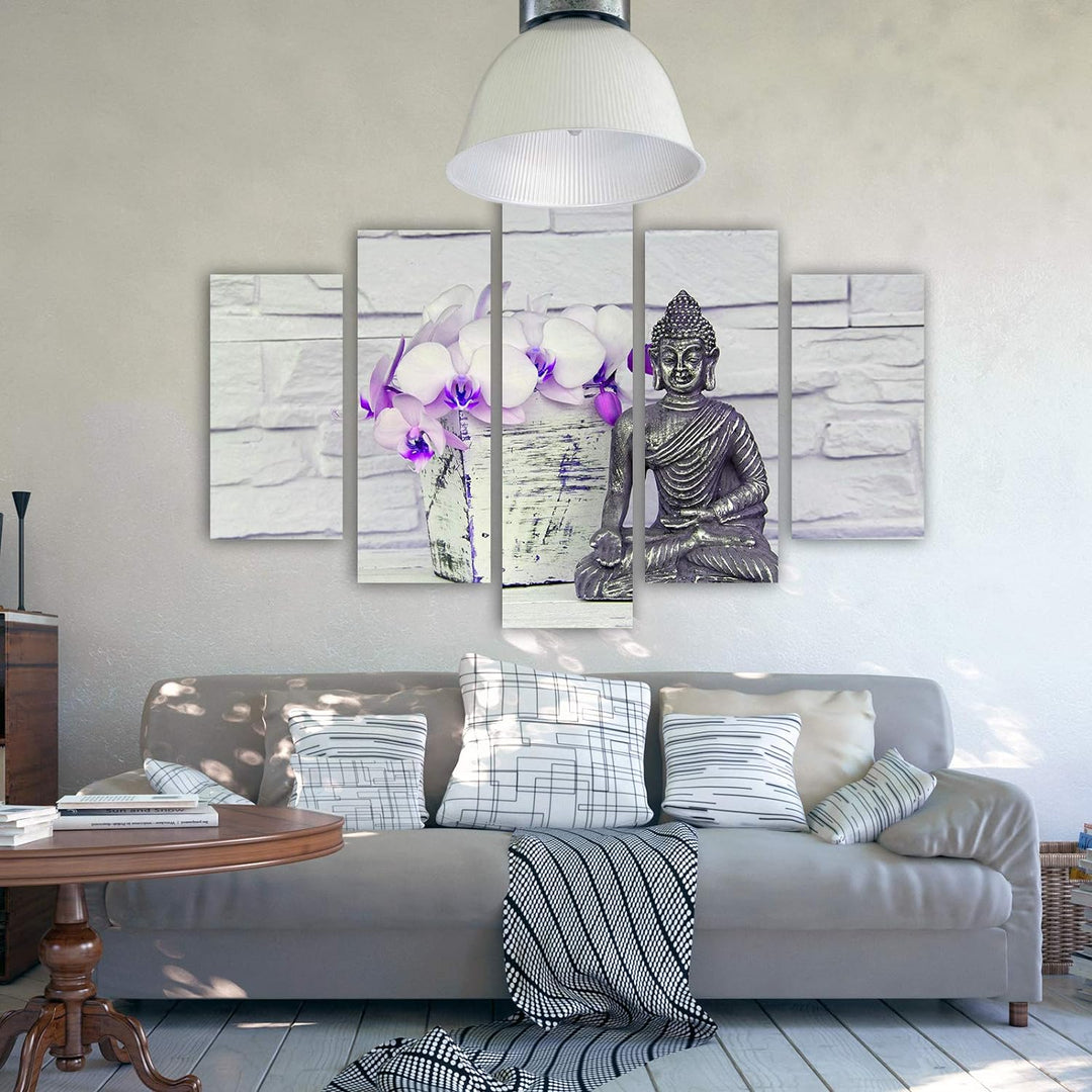 Feeby Wandbild XXL 5 Teilig Buddha Leinwandbild Blumen Statue Meditation violett 300x140 cm Leinwand