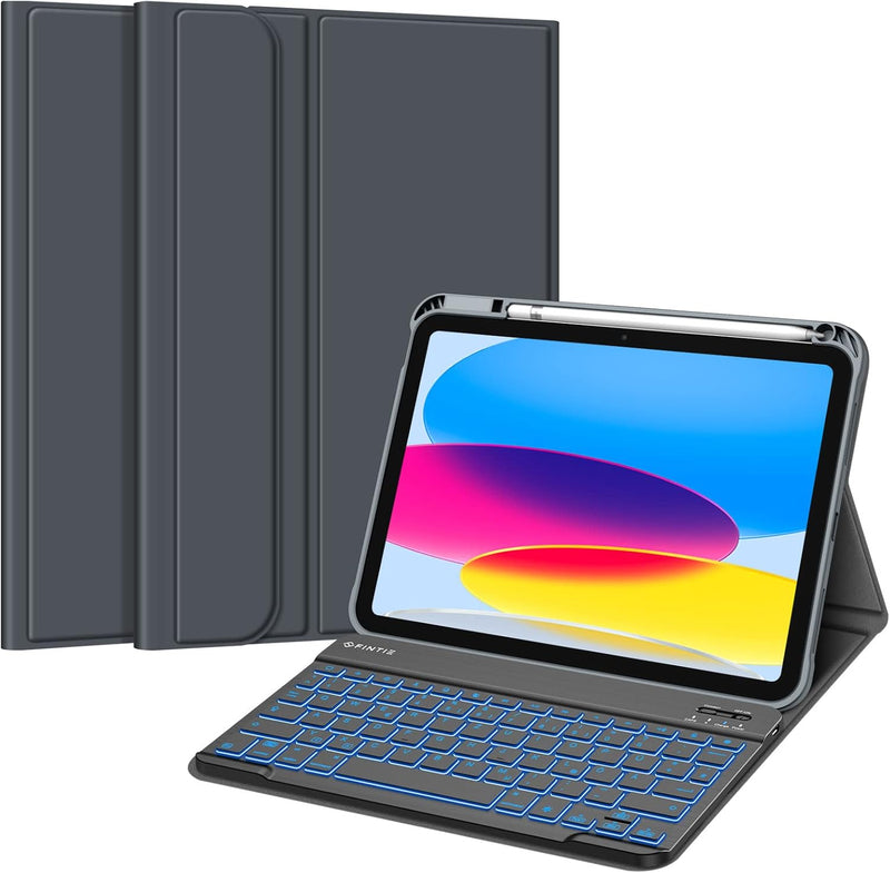 Fintie Tastatur Hülle für iPad 10. Generation 2022 (10.9 Zoll), Keyboard Case mit 7-farbig Beleuchte