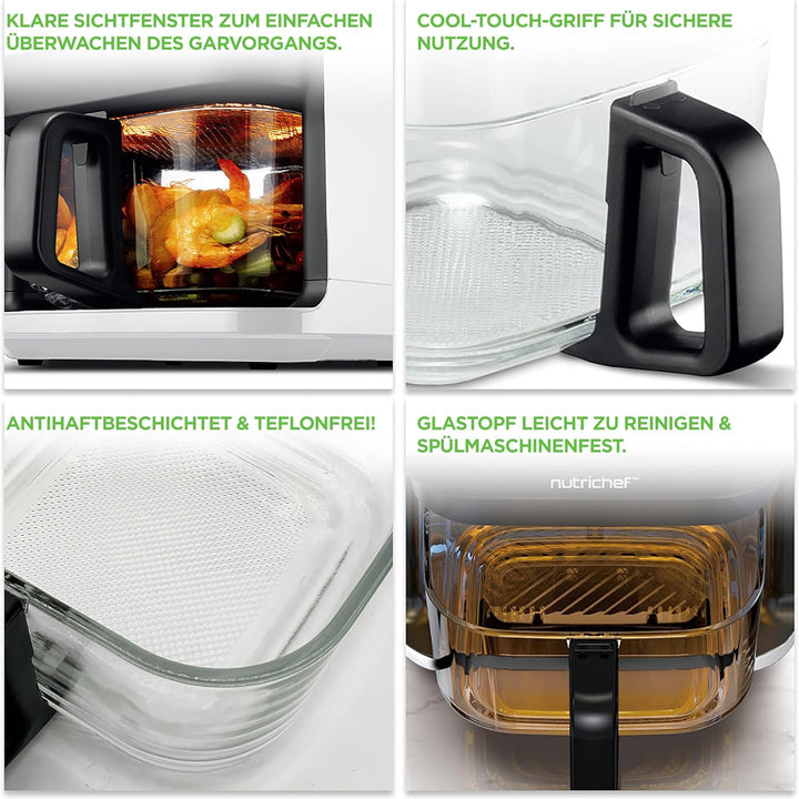 NutriChef Heissluftfritteuse 5,5L Weiss – Elektrische 8-in-1 Airfryer mit Glasbehälter &amp; LED-Touchdi