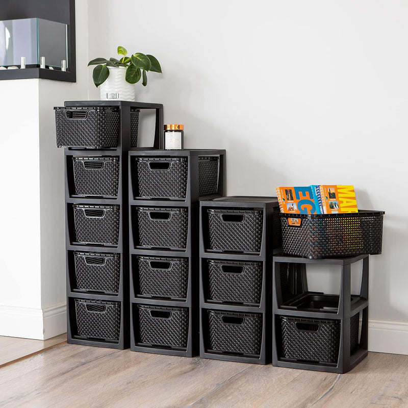 BranQ - Home essential Regal in Rattan Design, BPA-freie Kunststoff PP, Schwarz, 29,5 x 24 x 64,2 cm