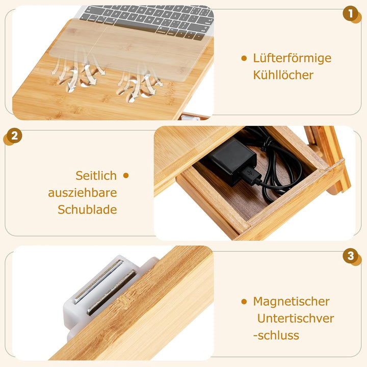 GYMAX höhenverstellbar Laptoptisch, klappbares Betttablett aus Bambus mit kippbarer Platte, ausziehb