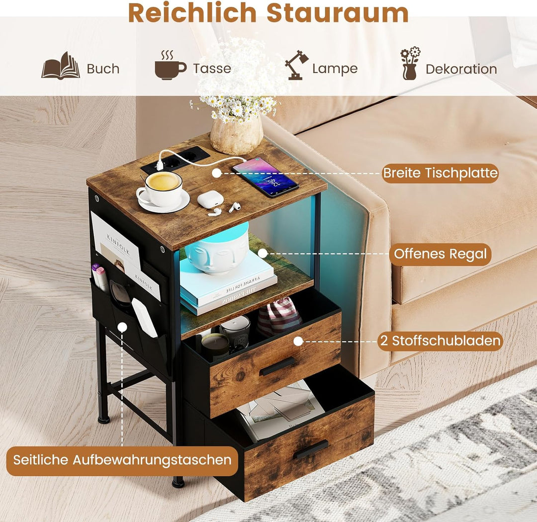 COSTWAY Nachttisch mit LED und Ladestation, 2er Set Beistelltisch mit 2 Schubladen & Seitentaschen,