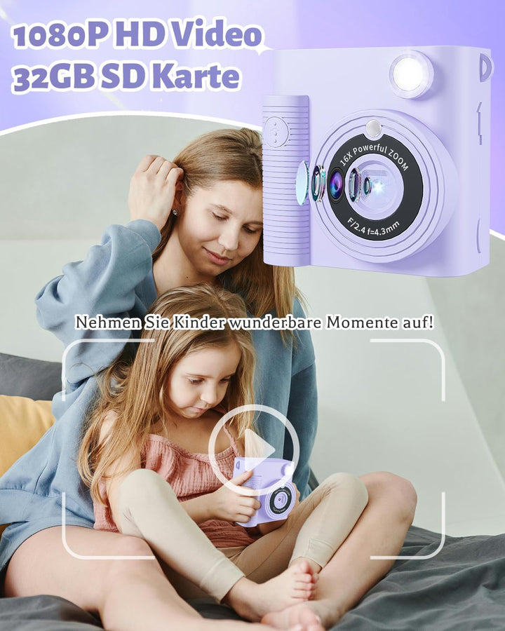 CKATE Kinder Fotokamera Sofortdruck, Kinder Kamera mit 2 Shutters, 1080P HD Sofortbildkamera 32G SD