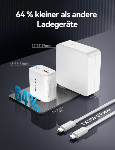 TECKNET 45W USB C ladegerät, 2-Port (1 USB C+1 USB) GAN Ⅲ Netzteil mit einen USB C auf USB C Ladekab